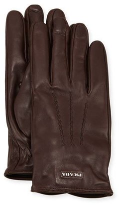 Prada Napa Leather Gloves w/ Logo, Brown