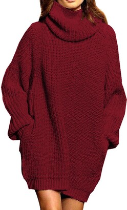 Selowin Women's Loose Turtleneck Long Sleeve Pullover Sweater Knit Dress with Pockets 