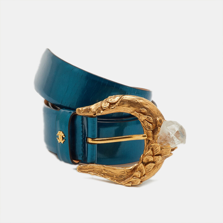Roberto Cavalli Teal Blue Patent Leather Crystal Buckle Belt 85CM
