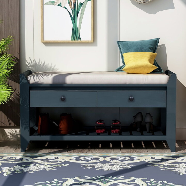 Hommoo Shoe Rack with Cushioned Seat and Drawers, Multipurpose Entryway Storage Bench, Antique Navy