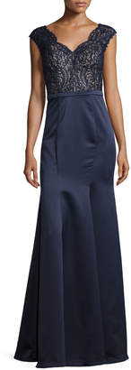 La Femme Cap-Sleeve Lace & Satin Combo Gown