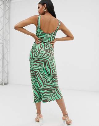 ASOS Design DESIGN scoop neck midi satin slip dress in zebra print