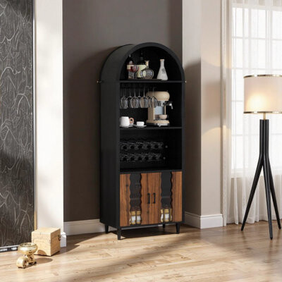 George Oliver 71 Inch Farmhouse Arched Wine Bar Cabinet with Wine Rack and Glass Holder - Black and Natural Wood Finish Liquor Storage Cabinet for Living Room Dinin