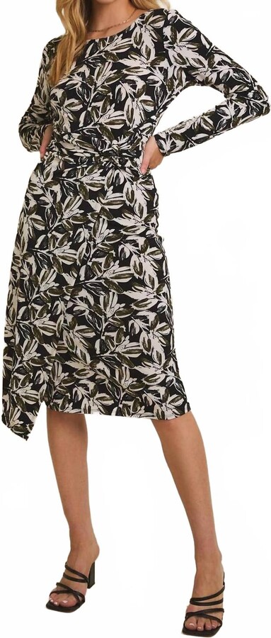 Gilli Round Neck Long Sleeve Waist Twist Surplice Midi Dress In Black-Olive Floral