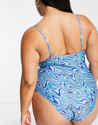 Brave Soul Plus square neck swimsuit with adjustable straps in blue swirl print