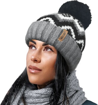 RockJock Ladies Warm Fur Fleece Lined Chevron Pattern Beanie Bobble Pompom  hat-Black - ShopStyle Hats