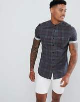 Thumbnail for your product : ASOS Design DESIGN skinny denim check shirt in grey with grandad collar