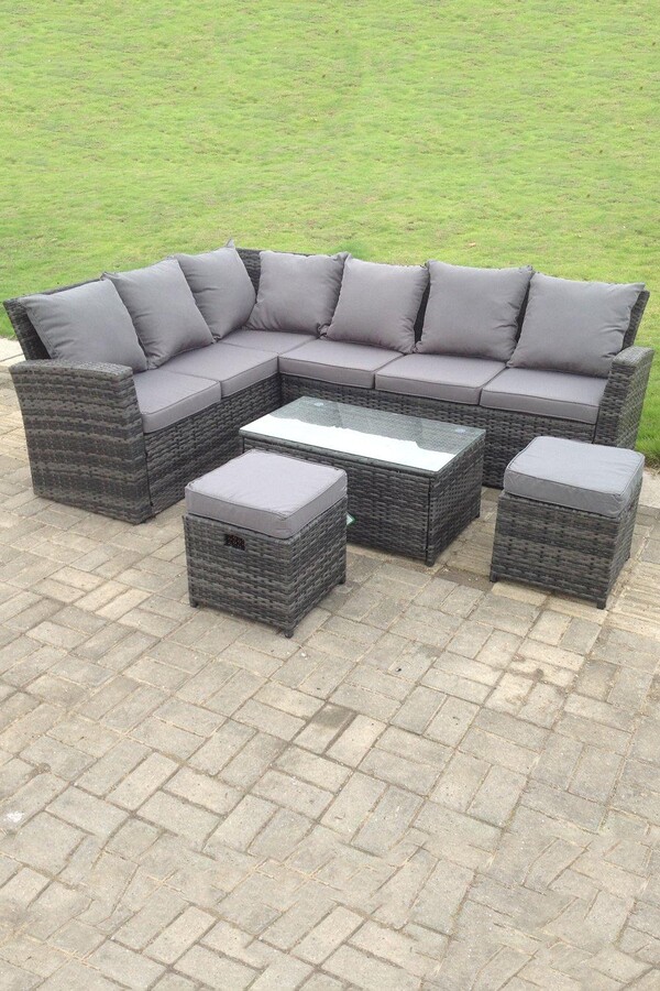 Fimous 8 Seater High Back Rattan Set Corner Sofa With Oblong Coffee