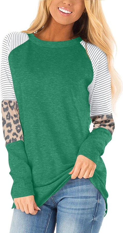 KANGMOON Womens Long Sleeve Tops Round Neck Color Block Tunics Casual Comfy Elegant Leopard Pullover Shirts Sweatshirt 