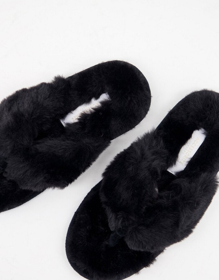 black fuzzy flip flops