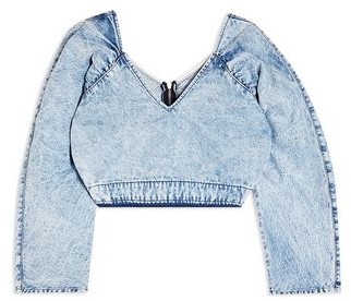 TOPSHOP Considered Acid Wash Denim Batwing Crop Top Women Blue Denim shirt Cotton