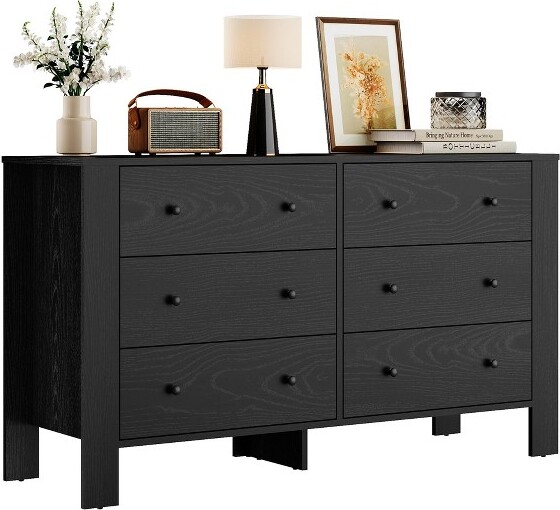 CuisinSmart BlackDresserforBedroomLarge6DrawerDresserwithDeepDrawers&MetalKnobsModernWoodenDoubleChestsofDrawers