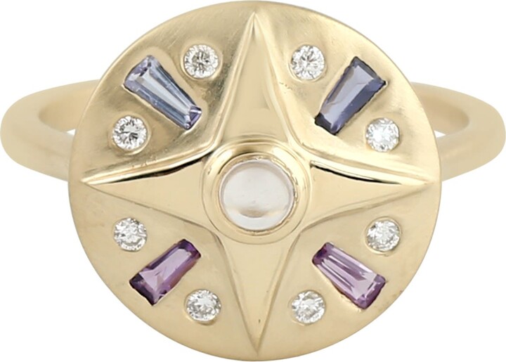 Artisan Moonstone Multi Gemstone Diamond Star Signet Ring In 18K Yellow Gold