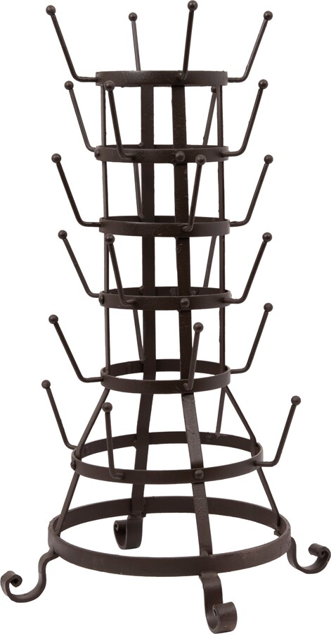 Storied Home Farmhouse Metal Bottle Holder with 24 Hooks, Black Iron Finish