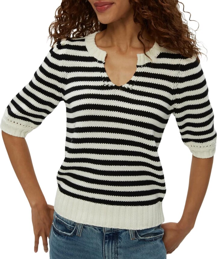 Michael Stars Women's Rosanna Striped Puff Sleeve Sweater In Black