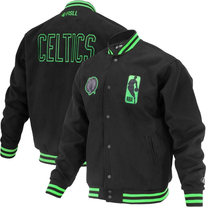 Fisll Men's and Women's Black Boston Celtics Logo Man Shadow Collection Full-Snap Varsity Jacket
