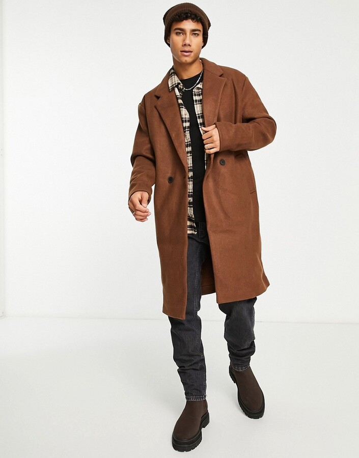 ONLY & SONS faux wool double breasted overcoat in brown - ShopStyle  Raincoats & Trench Coats