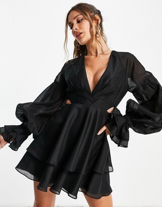 ASOS DESIGN pleated mini dress with blouson sleeves and cuff detail in black