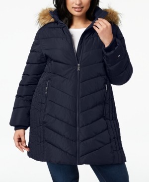 navy faux fur trim hooded puffer jacket