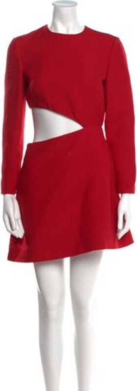 Valentino Virgin Wool A-Line Dress Red Cutout Accent Three-Quarter Sleeve with Crew Neck Concealed Zip Closure at Back Designer