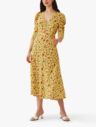 Ghost Mira Floral Ruched Sleeve Crepe Midi Dress, Rosemary Garden