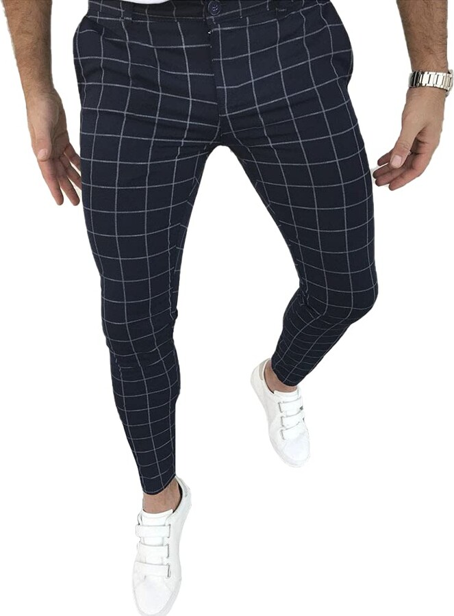 Mens Plaid Pants Slim Fit Mens Chinos Plaid Striped Printed Stretch Flat-Front Skinny Dress Pants Business Pencil Pants 