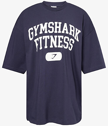 Gymshark Womens Blue Varsity Text-Print Stretch-Cotton T-Shirt Xs