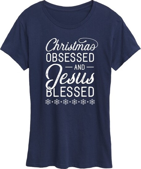 Instant Message Women'sInstantMessageChristmasObsessedJesusBlessedShortSleeveGraphicT-Shirt-Navy-2X-Large