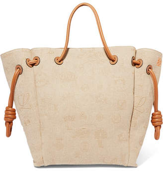 Loewe Flamenco Medium Leather-trimmed Embroidered Linen Tote - Neutral