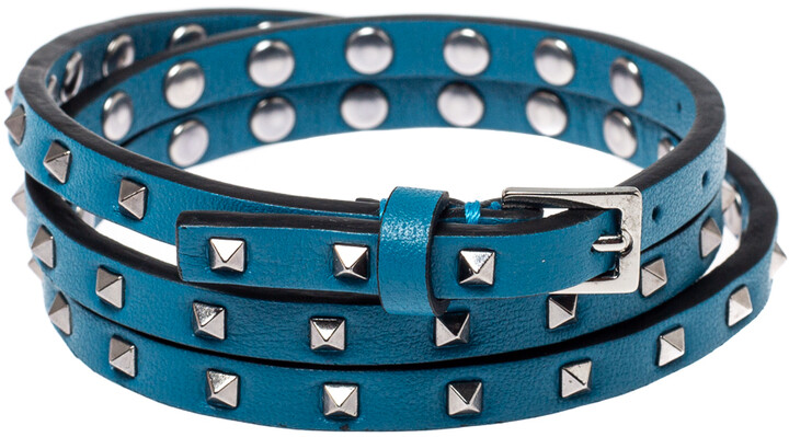 Valentino Blue Mini Rockstud Gunmetal Tone Triple Wrap Bracelet -