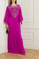 Thumbnail for your product : Marchesa Belted Crystal-embellished Silk-crepe Gown - Fuchsia