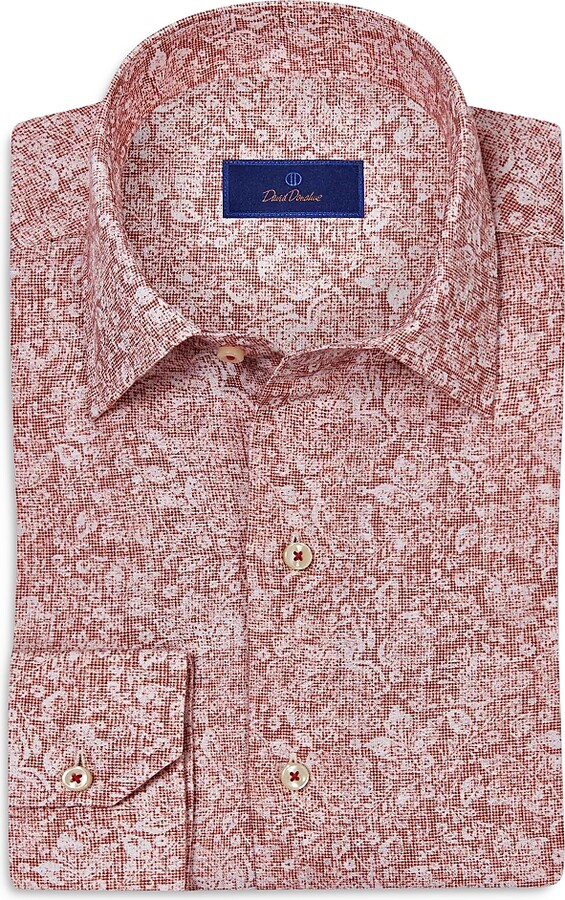 David Donahue Regular Fit Texture Floral Print Linen Sport Shirt