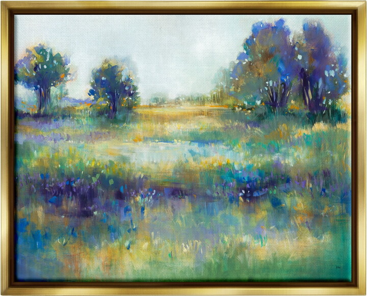 Stupell Industries Wetland Watercolor Landscape Abstract Blue Green Painting Metallic Gold Framed Floating Canvas Wall Art, 24x30, by Third and Wall