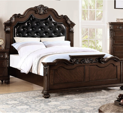 Bloomsbury Market Gorgeous Antique Cherry Queen Bed With Faux Leather Upholstered Headboard And Solid Wood Frame Graceful In Dark Walnut Plywood Wooden