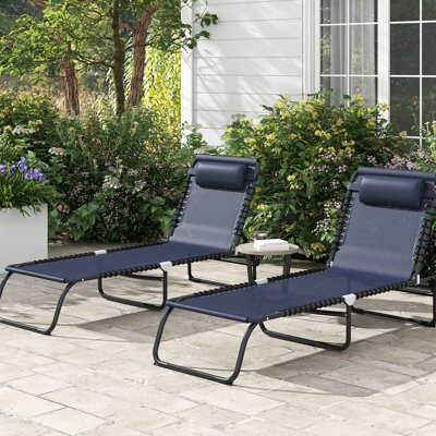 Latitude Run Of 2 Folding Pool Chair - Dark Blue Patio Lounge With Reclining Function, Pillow, Breathable Mesh & Bungee Seat For Relax And Pleasure Zone 2 Outdoor
