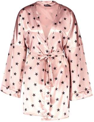 boohoo Premium Satin Star Print Robe