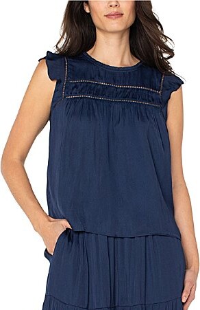 Liverpool Los Angeles Textured Sateen Crew Neck Cap Flutter Sleeve Top