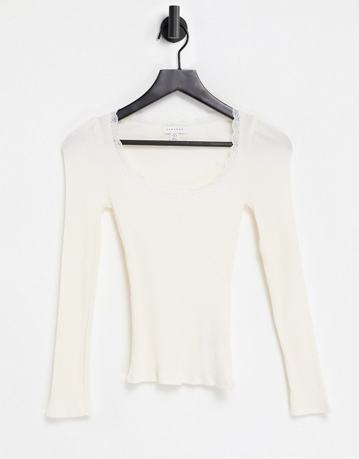 Topshop long sleeve lace trim top in neutral - ShopStyle