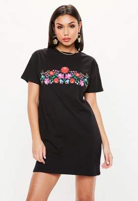 Missguided Black Floral Print T-shirt Dress, Black