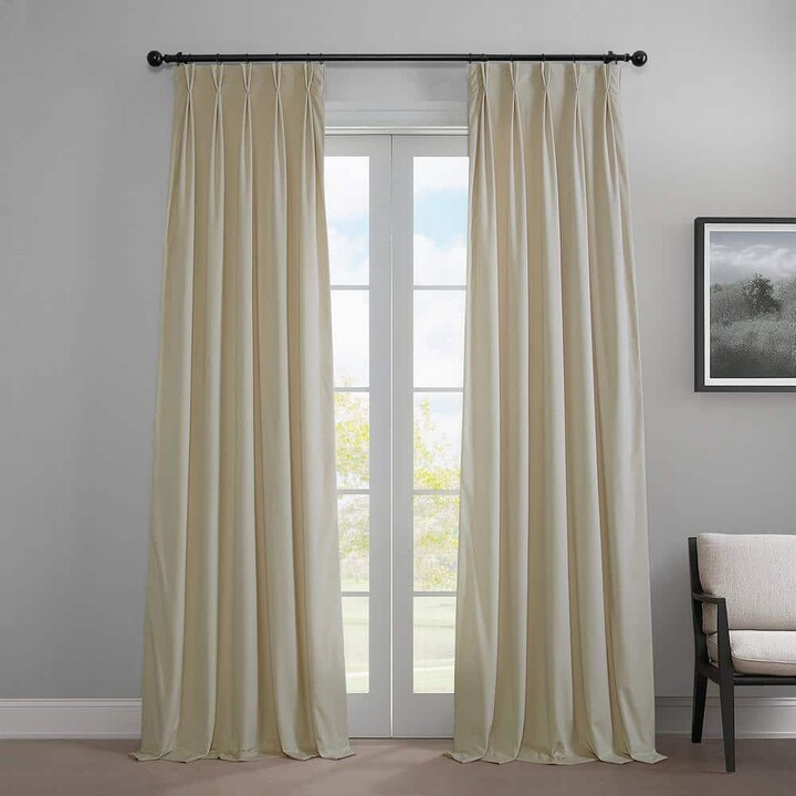 Exclusive Fabrics & Furnishings Au Lait Creme Pleated Curtains Heritage Plush Velvet 25 in. W x 84 in. L Velvet Room Darkening Curtain (Single Panel)