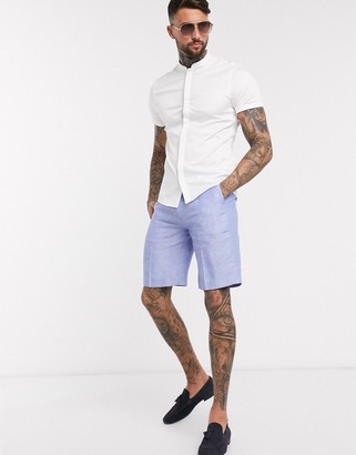 ASOS DESIGN skinny fit sateen shirt with mandarin collar in white with short sleeves
