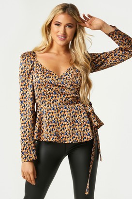 Little Mistress Trove Abstract-Print Puff Sleeve Wrap Top