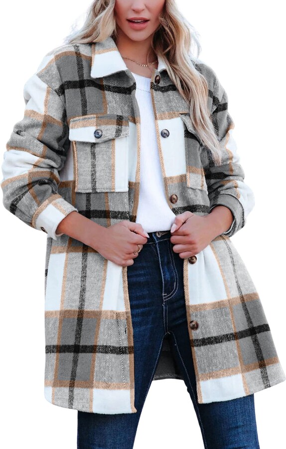APAFES Fall Flannel Mid Length Shacket Jacket Women Plus Size Woolen Plaid  Shirts Coats(0572-Grey-XXL) - ShopStyle