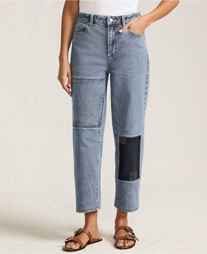 Lands' End Women's Soft Denim Mid Rise Relaxed Straight Crop Patchwork Jeans