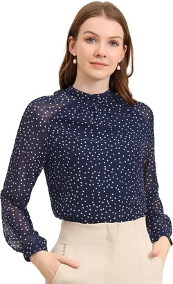 BOTHENIAL Womens Mesh Sleeve Blouse Casual Elegant 3/4 Sleeve Polka Dots  Blouses Mock Neck Slim Fit Tops at  Women’s Clothing store