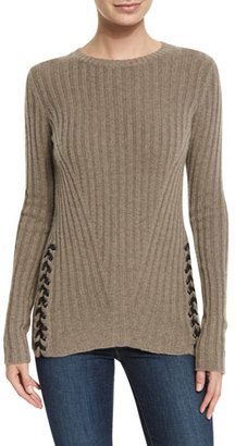 Autumn Cashmere Ribbed Crewneck Sweater w/ Leather Lace-up Sides