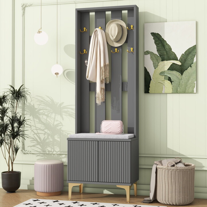 MAYEERTY 4-in-1 Hall Tree: Modern Entryway Bench with Cushion, 8 Gold Hooks, Adjustable Shelves, Gray