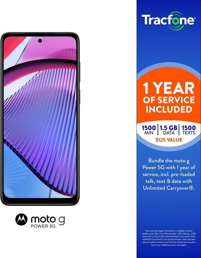 Tracfone Motorola moto g Power, 128GB, Black, Free Activation Promo - $125 1500Min/1500Txt/1500MB, 365 Days Service Plan - Prepaid Smartphone