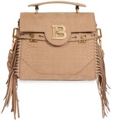 Thumbnail for your product : Balmain B-Buzz Fringe Croc-Embossed Suede Satchel