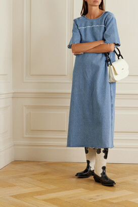 【関税&送料込】Ganni Blue Midi Dress In Organic Denim Ganni Distressed Organic Denim Midi Dress - Blue - ShopStyle